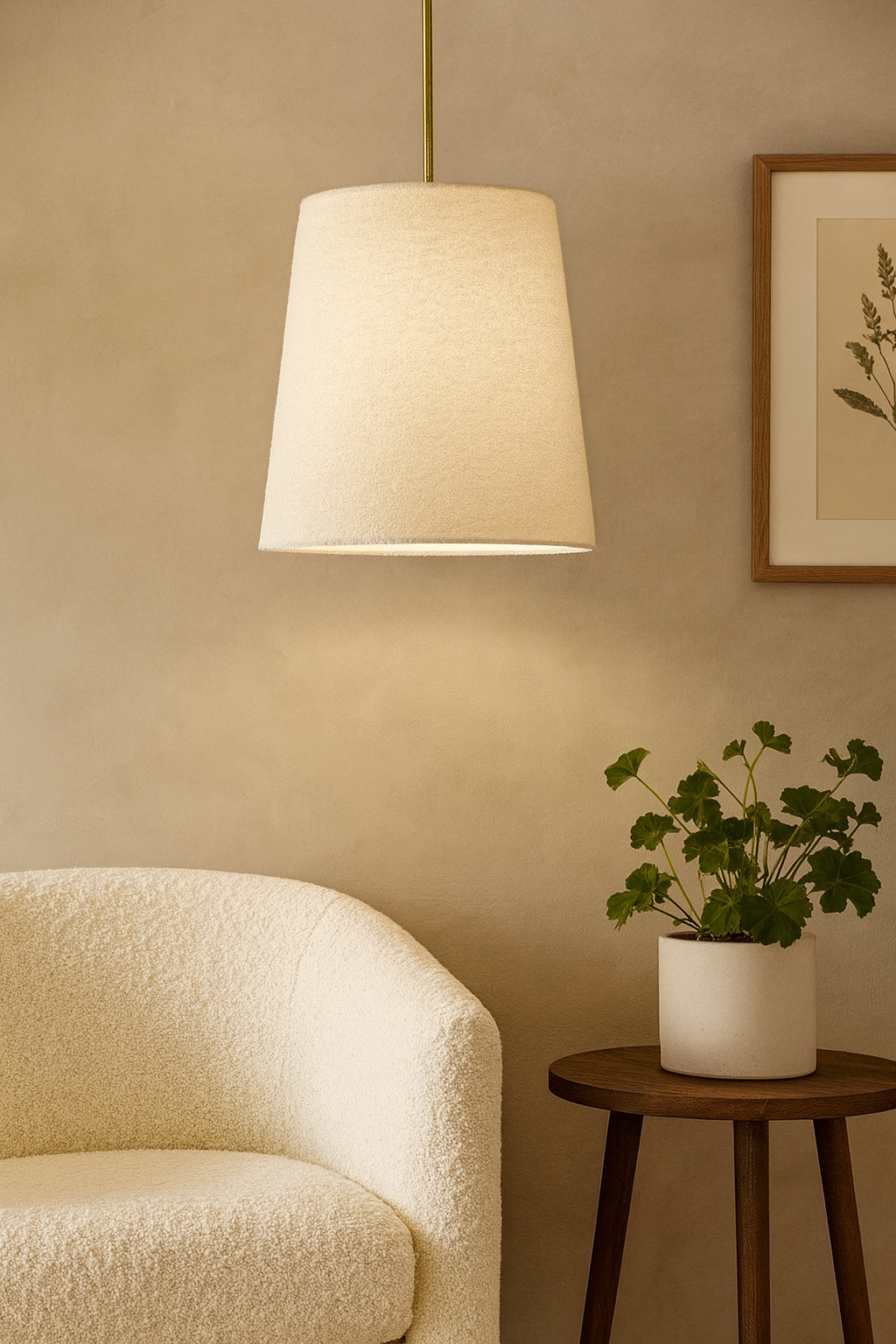 Dainolite 1 Light Incandescent Aged Brass Pendant with Boucle Fabric Shade