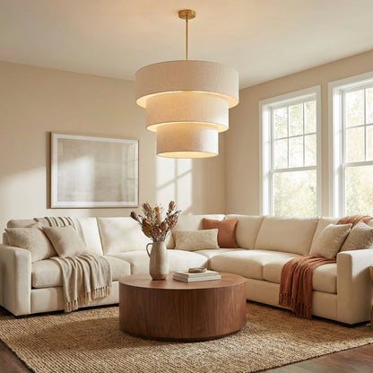 Dainolite 9 Light Incandescent Aged Brass Pendant with Boucle Fabric Shade