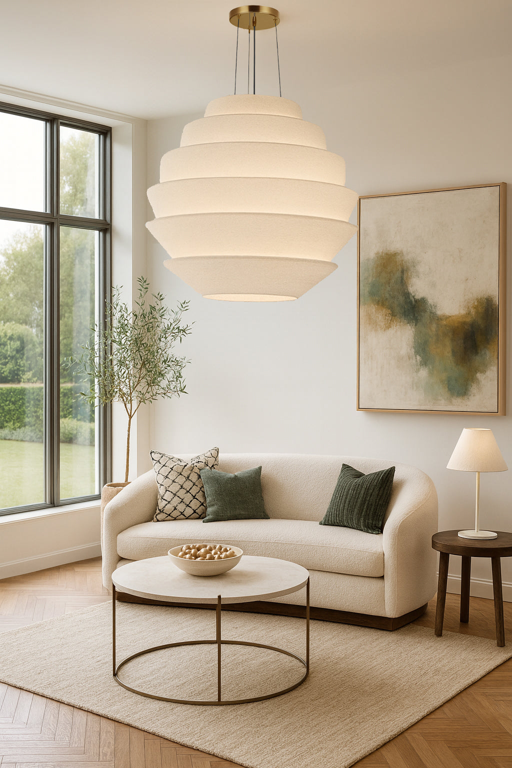 Dainolite 9 Light Incandescent Aged Brass Pendant with White Boucle Fabric Shade