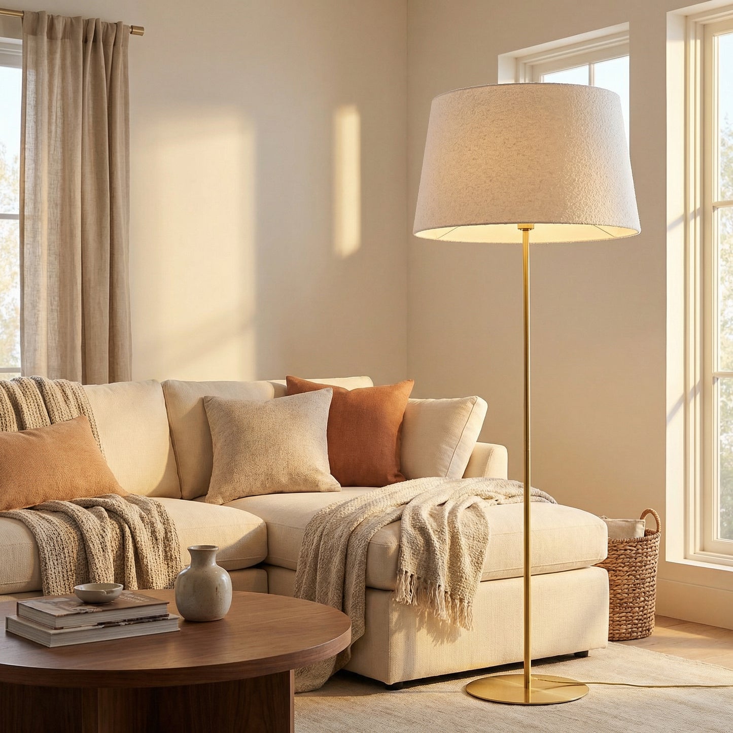 Dainolite 9 Light Incandescent Aged Brass Floor Lamp with White Boucle Fabric Shade