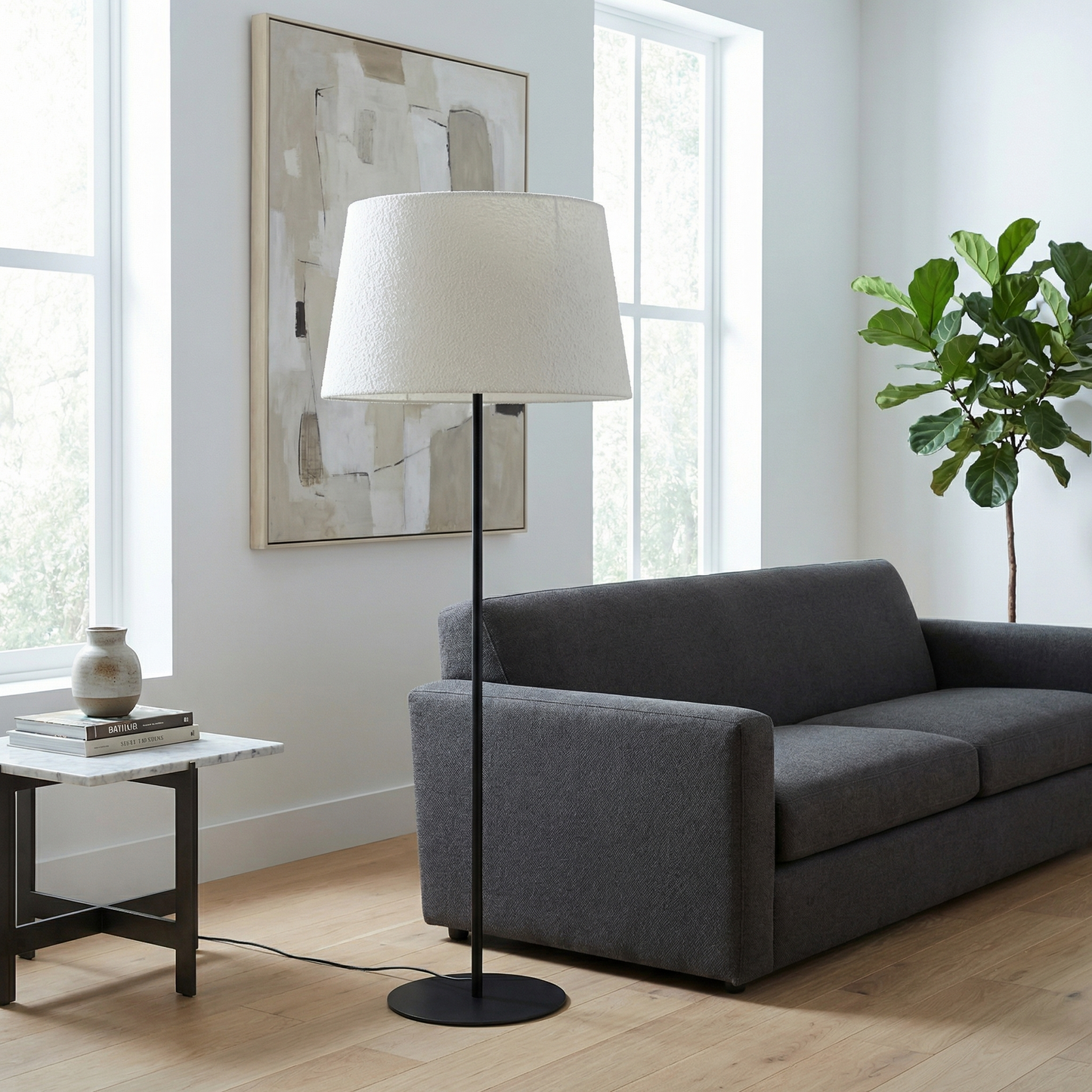 Dainolite 9 Light Incandescent Matte Black Floor Lamp with White Boucle Fabric Shade