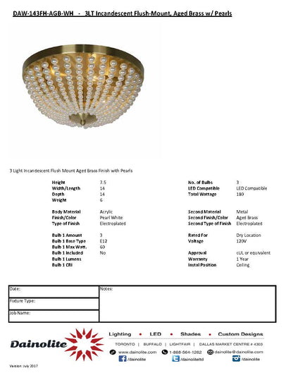 Dainolite DAW-143FH-AGB-WH 3 Light Incandescent Flush Mount Aged Brass Finish with Pearls