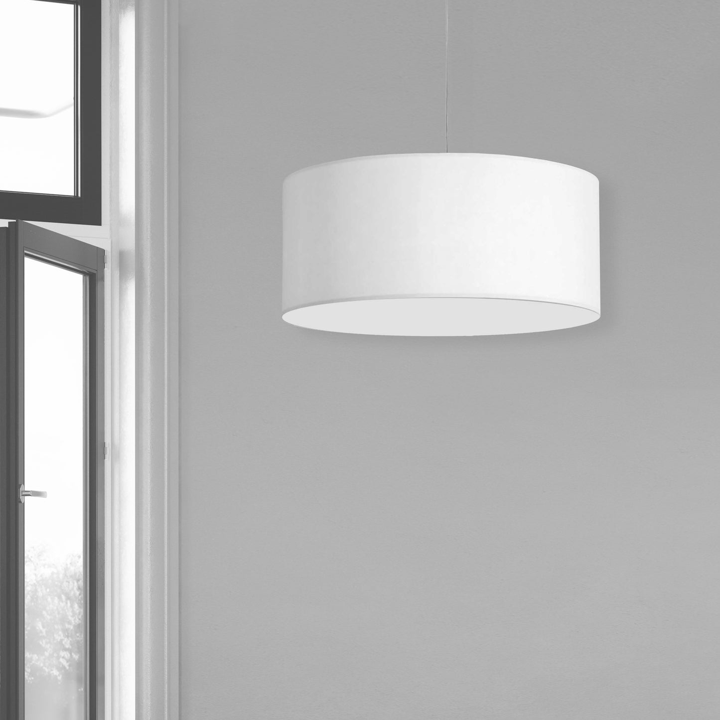 Dainolite 1 Light, 28" Drum Shade Pendant, White Fabric, No Bottom Diffuser, Polished Chrome