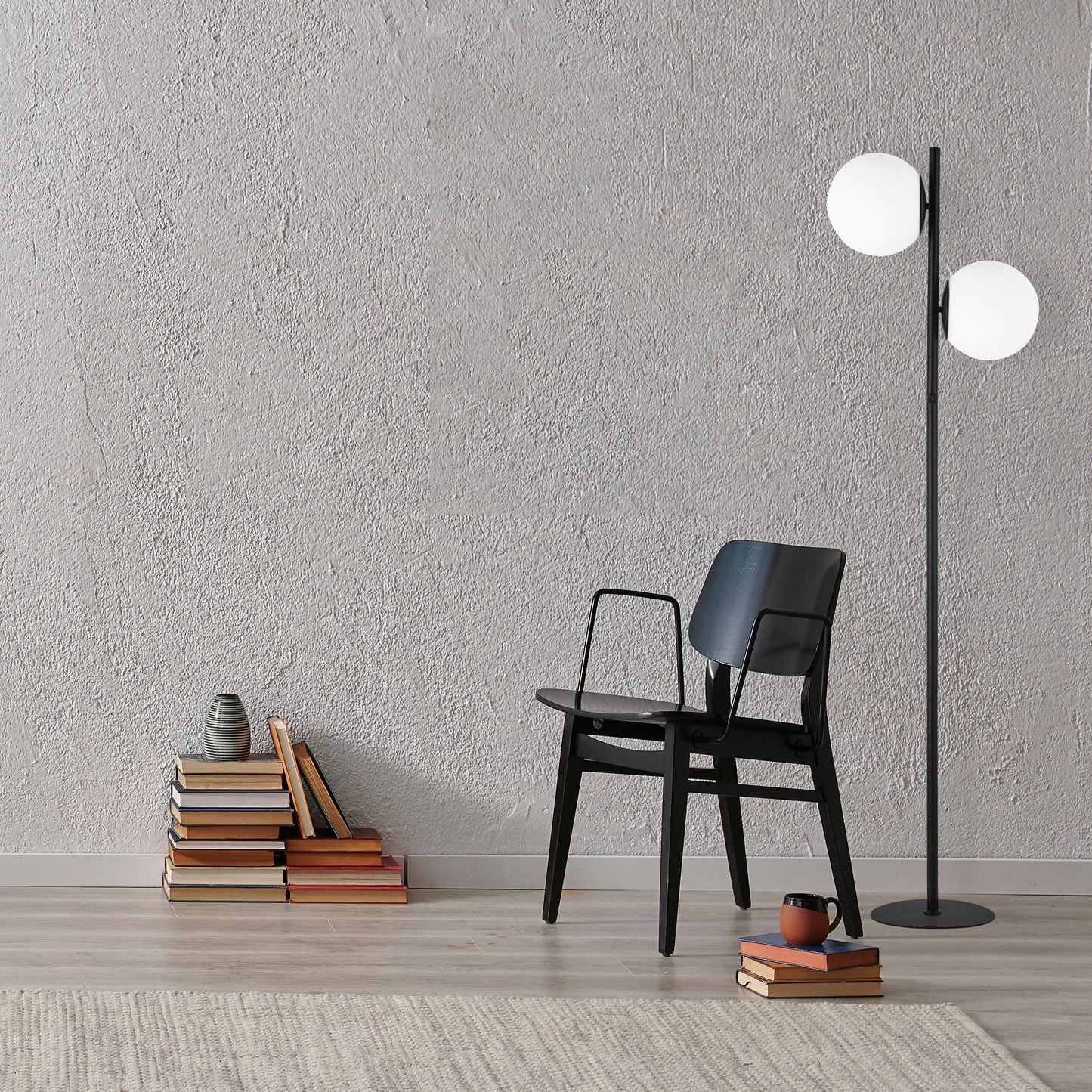 Dainolite 2 Light Incandescent Floor Lamp, Matte Black with White Opal Glass