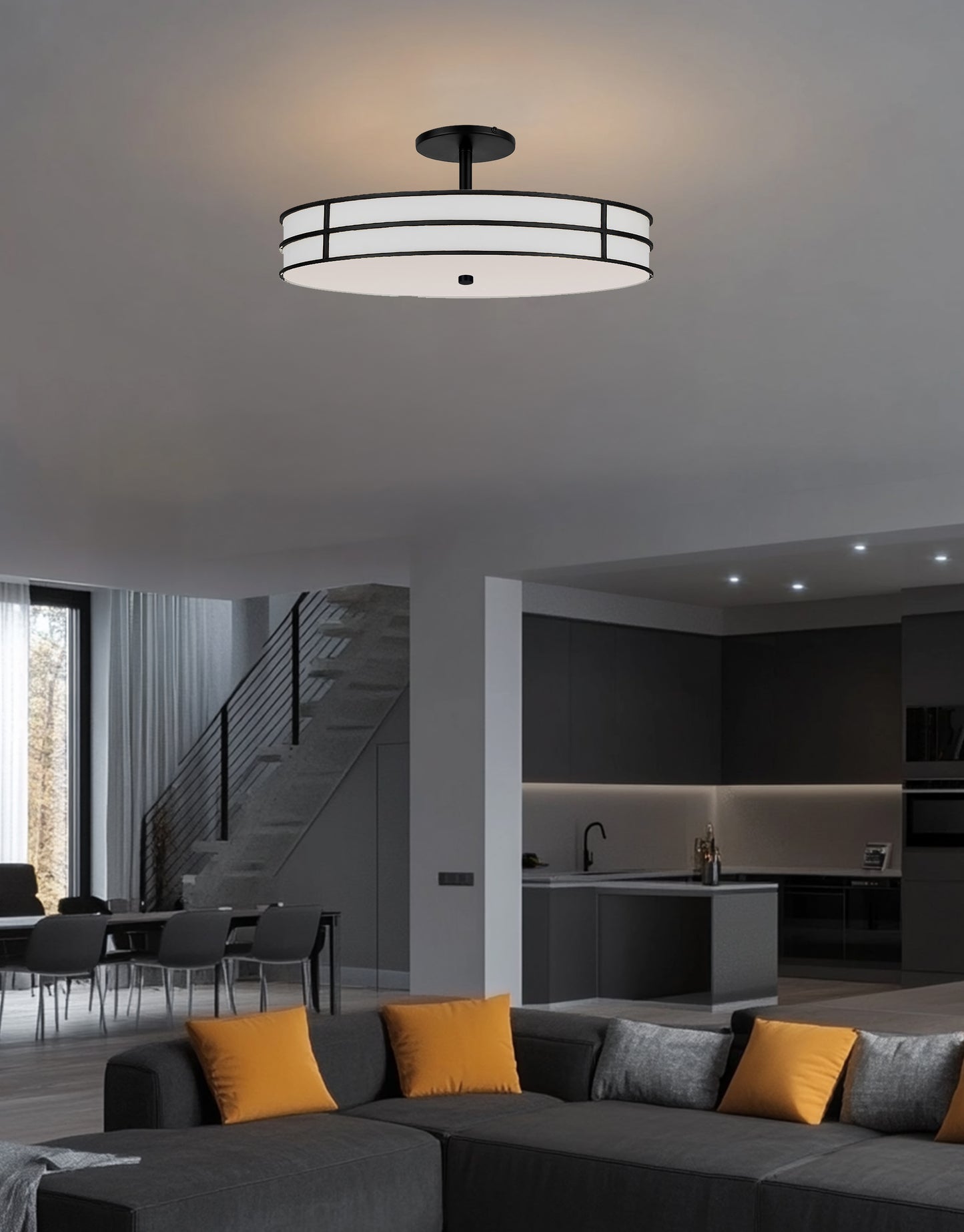 Dainolite 3 Light Semi-Flush in Matte Black w/ White Fabric Shade