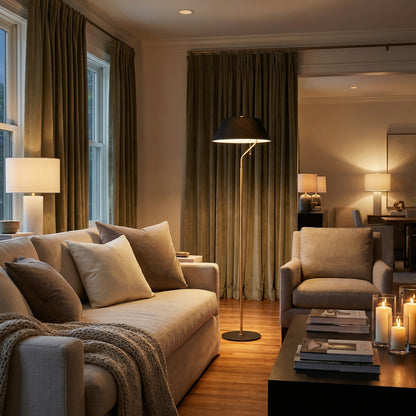 Dainolite 1 Light Aged Brass and Matte Black Floor Lamp with Black Shade