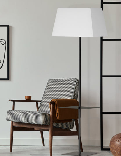 Dainolite 1 Light Incandescent Square Base Floor with Shelf Matte Black with White Shade