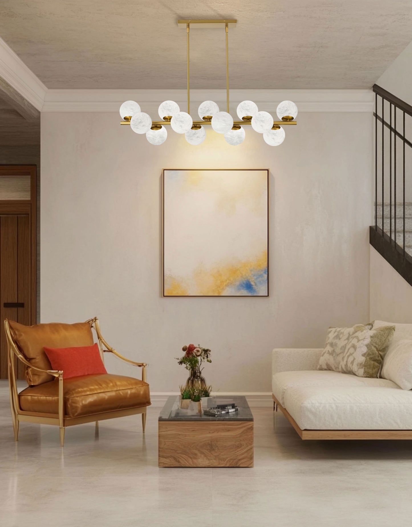 Dainolite 13 Light Aged Brass Horizontal Pendant w/ Alabaster Glass