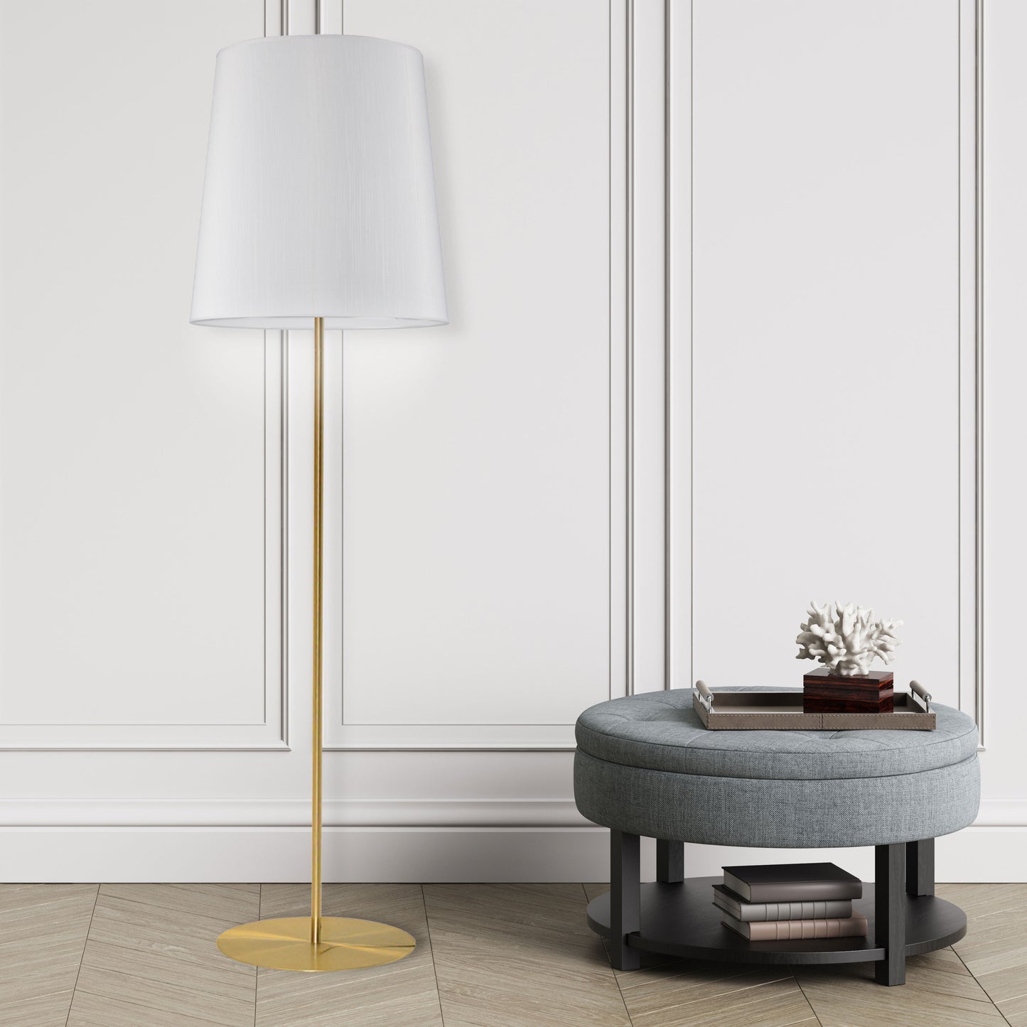 Dainolite 1 Light Aged Brass Floor Lamp w/ White Drum Shade