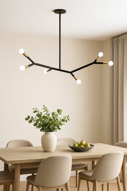 Dainolite 6 Light Horizontal Pendant in Matte Black and Aged Brass