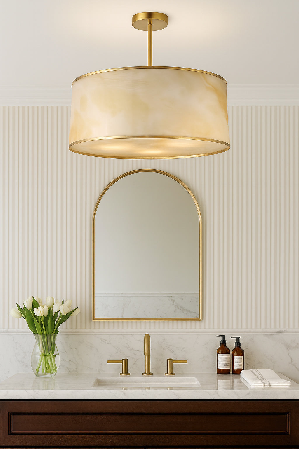 Dainolite 4 Light Incandescent Pendant, Aged Brass w/ Marble Alabaster