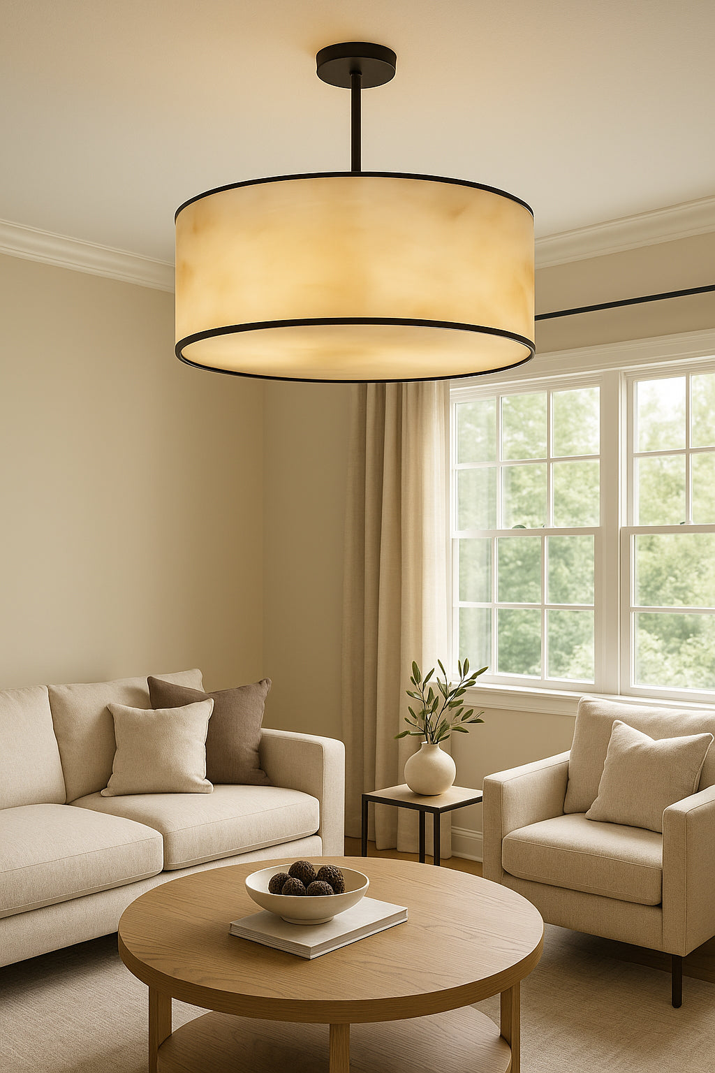 Dainolite 4 Light Incandescent Pendant, Matte Black w/Marble Alabaster Shade