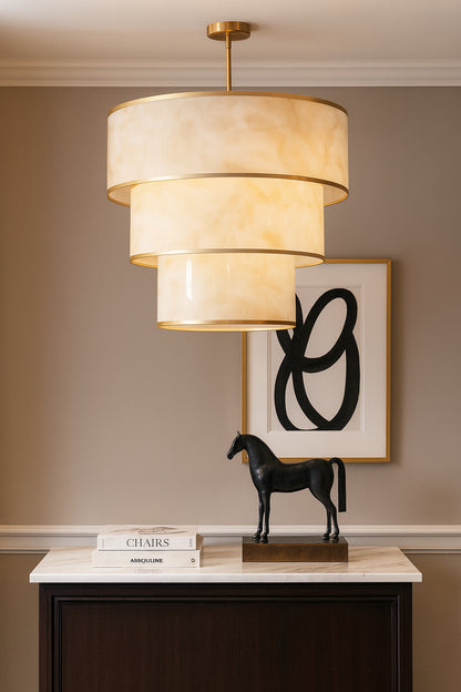 Dainolite 9 Light Incandescent Pendant, Aged Brass w/ Marble Alabaster