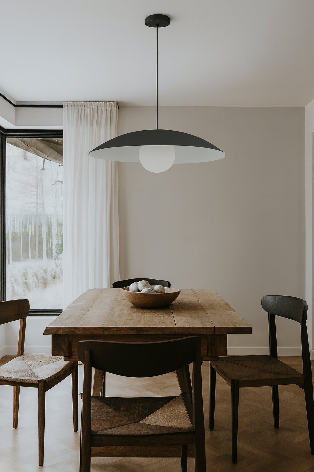 Dainolite 1 Light Pendant, Matte Black w/ Opal Glass
