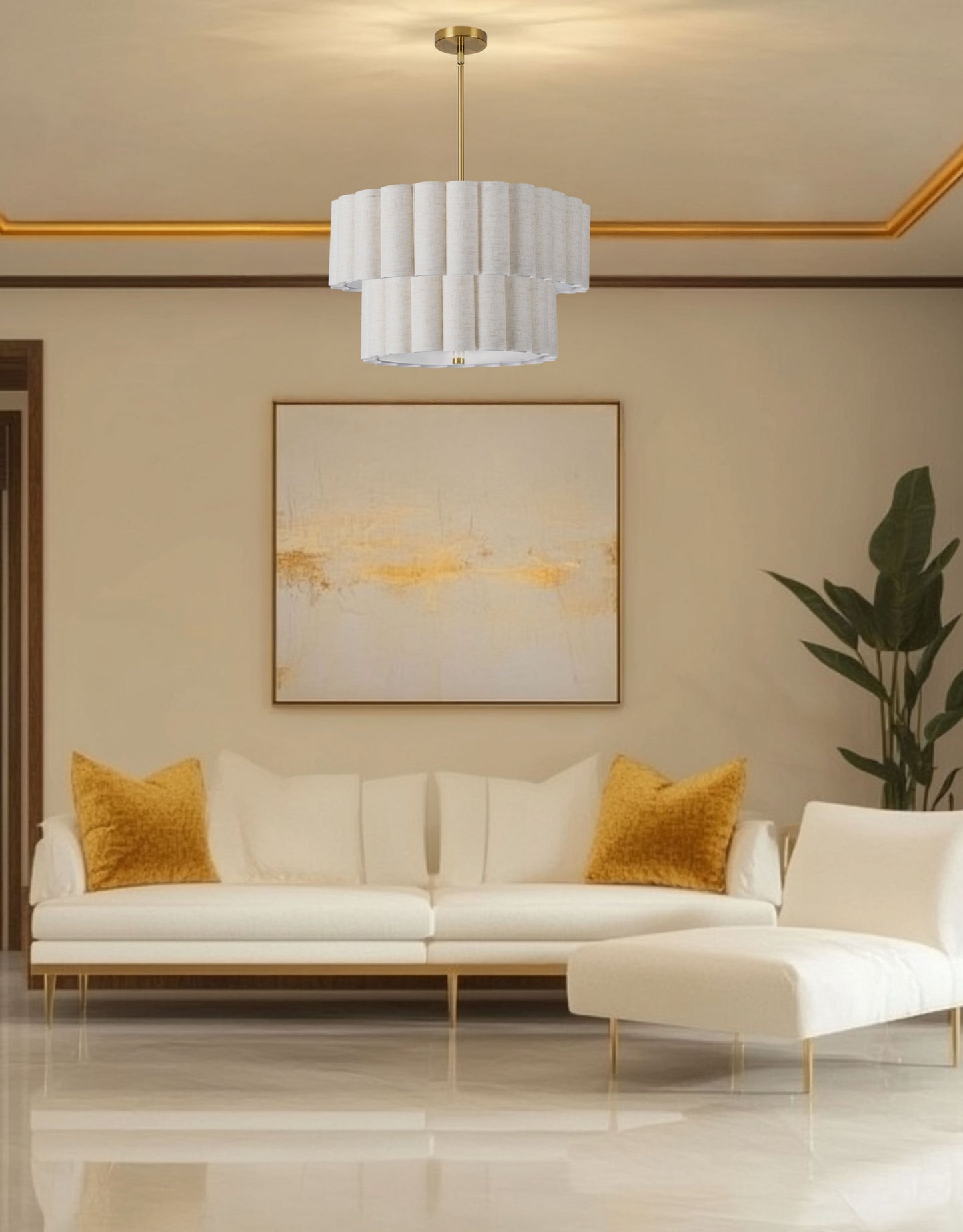 Dainolite 4 Light Aged Brass 2 Tier Pendant w/ Flax Scallop Shades