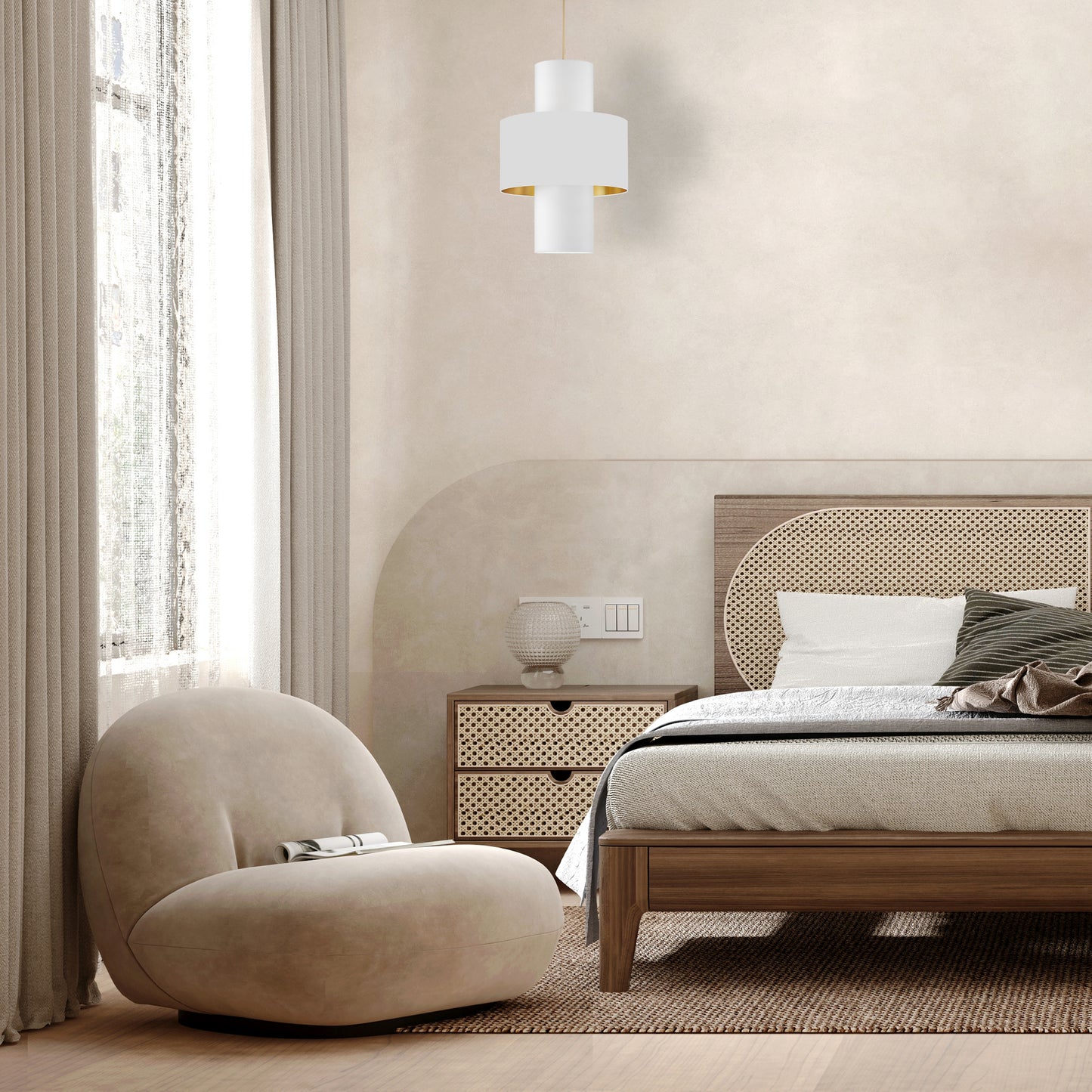 Dainolite 4 Light Incan Pendant, Aged Brass w/ White/Gold & White Shades