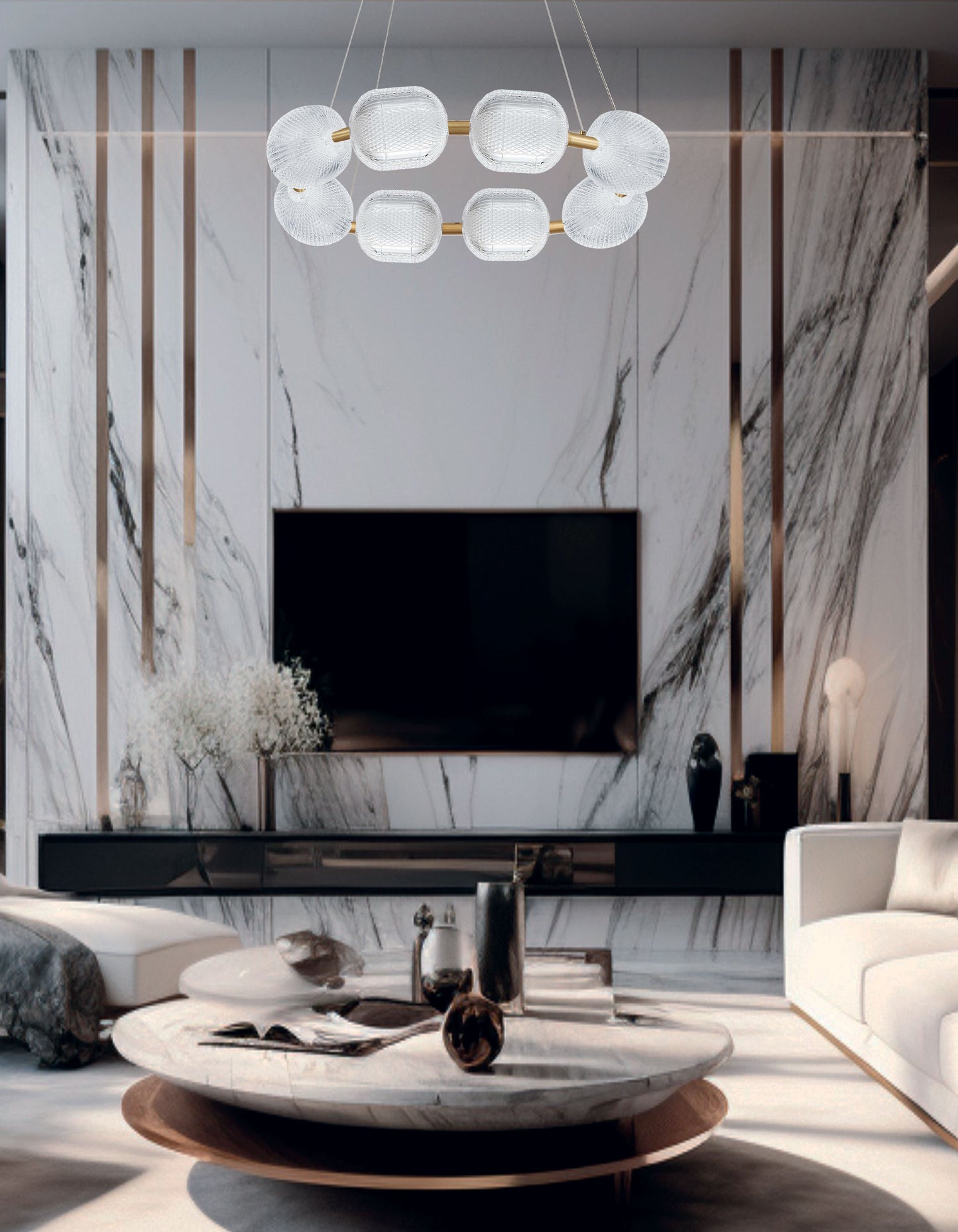 Dainolite 56W Chandelier in Aged Brass w/ Clear Pattern Acrylic
