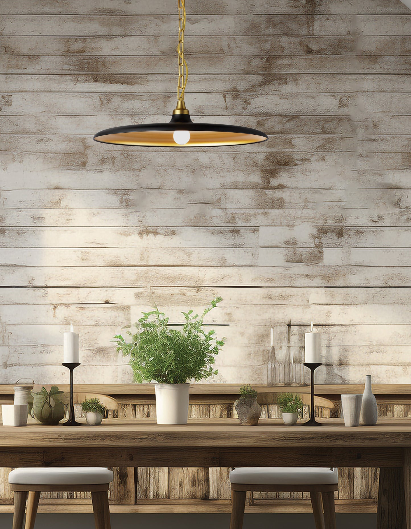 Dainolite 1 Light Pendant in Aged Brass w/ Matte Black & Gold Shade
