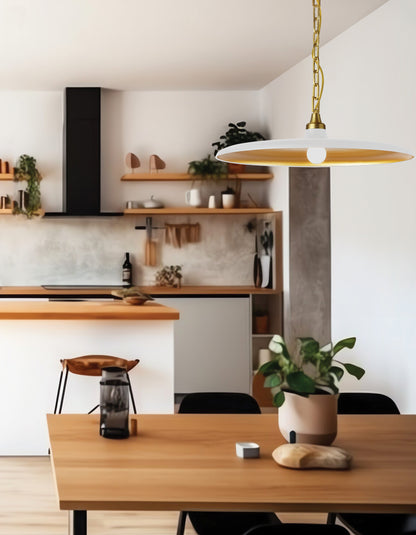Dainolite 1 Light Pendant in Aged Brass w/ Matte White & Gold Shade