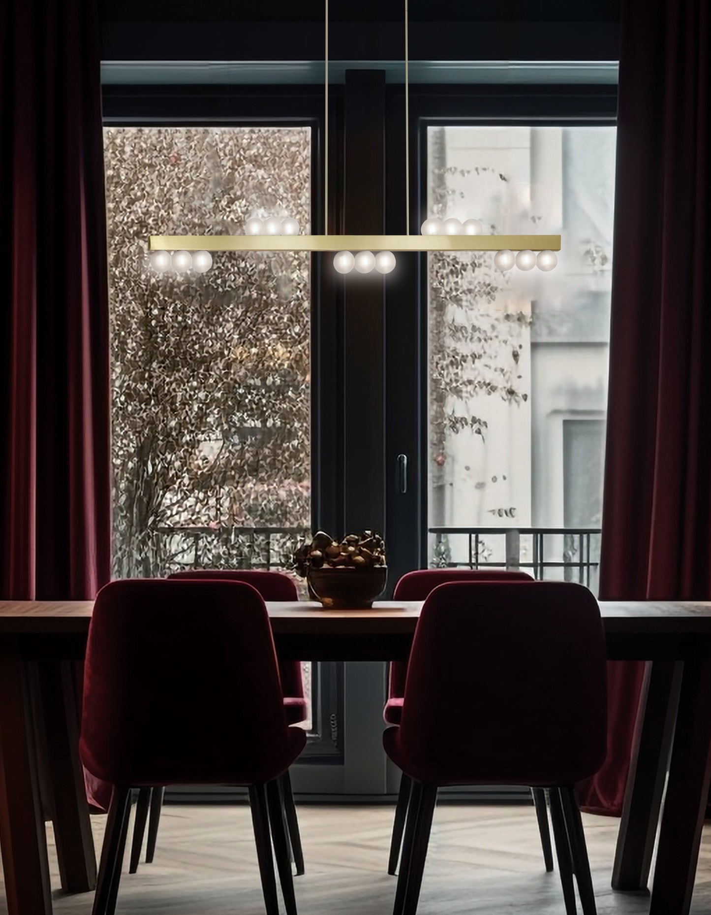 Dainolite 15 Light Horizontal Pendant in Aged Brass w/ Frosted Glass
