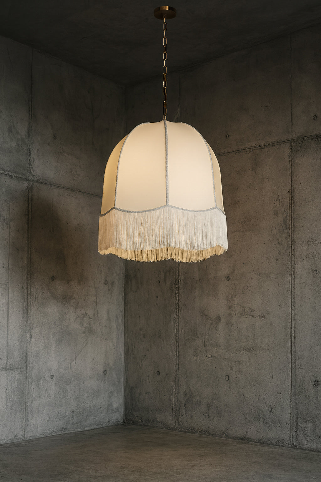 Dainolite 1 Light Incandescent Pendant, Aged Brass w/ White Fringe Shade