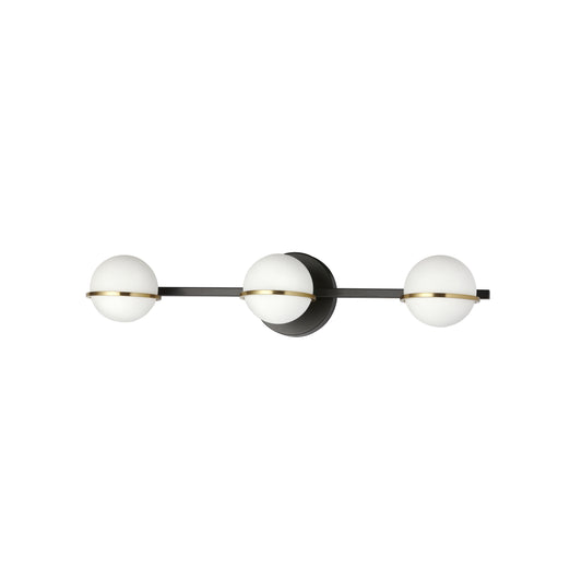 Dainolite 3 Light Halogen Vanity, Matte Black / Aged Brass with White Opal Glass