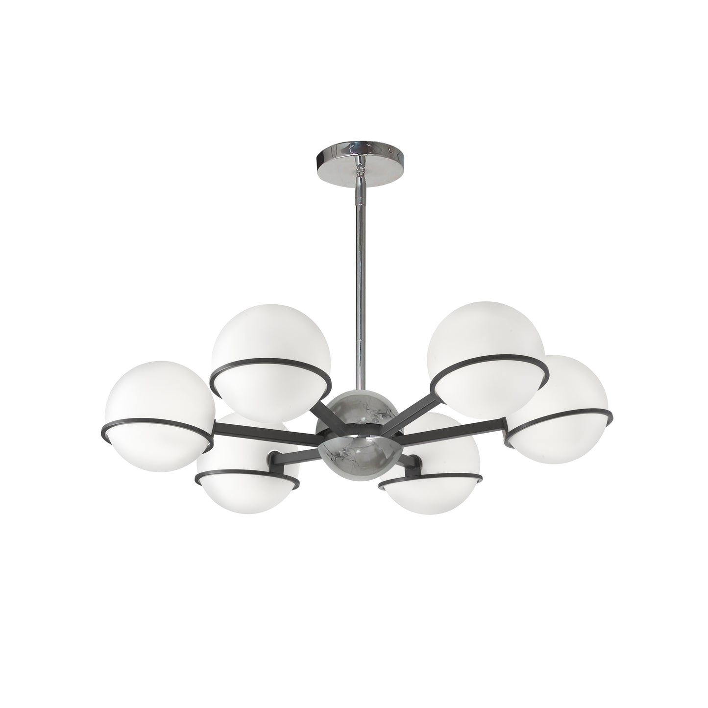 Dainolite 6 Light Halogen Chandelier, Matte Black / Polished Chrome with White Opal Glass