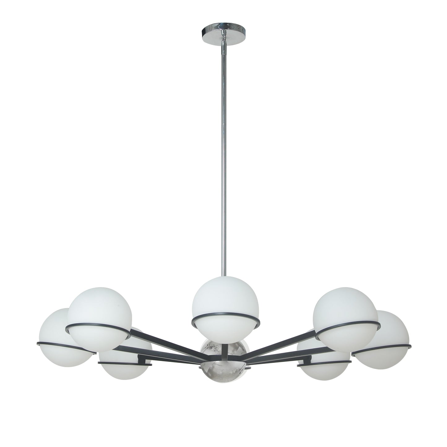 Dainolite 8 Light Halogen Chandelier, Matte Black / Polished Chrome with White Opal Glass