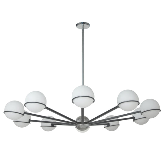 Dainolite 10 Light Halogen Chandelier, Matte Black / Polished Chrome with White Opal Glass