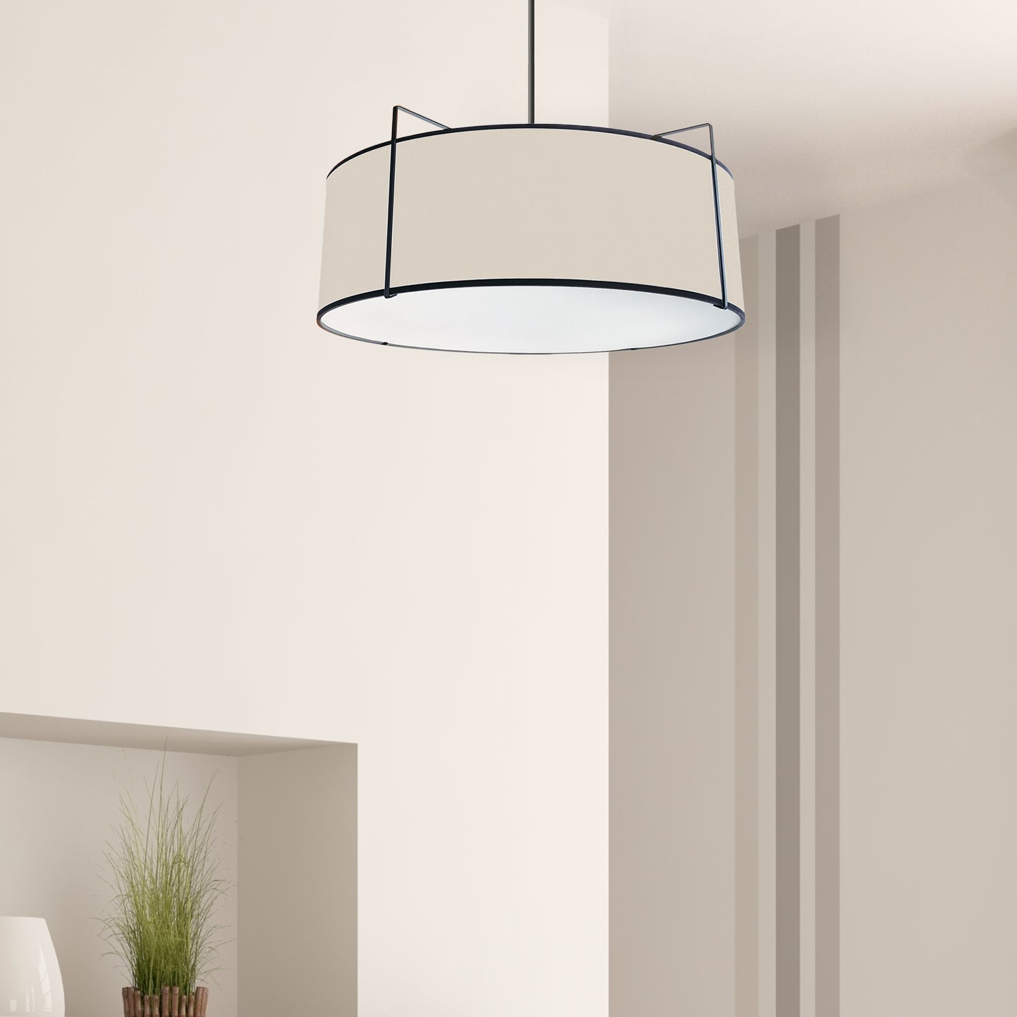 Dainolite 4 Light Drum Pendant Black/Cream Shade w/ White Fabric Diffuser
