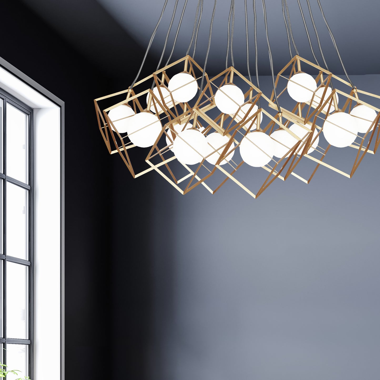 Dainolite 16 Light Halogen Pendant, Gold with White Glass