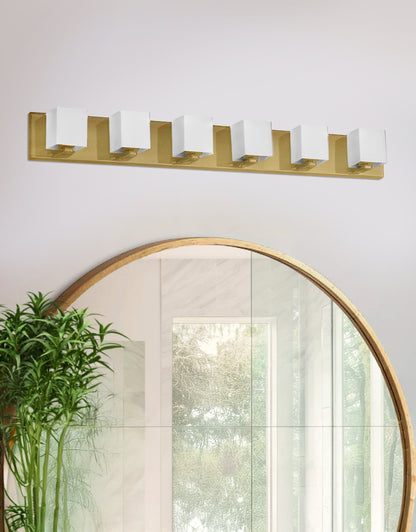 Dainolite 6 Light Halogen Vanity, Aged Brass with White Glass