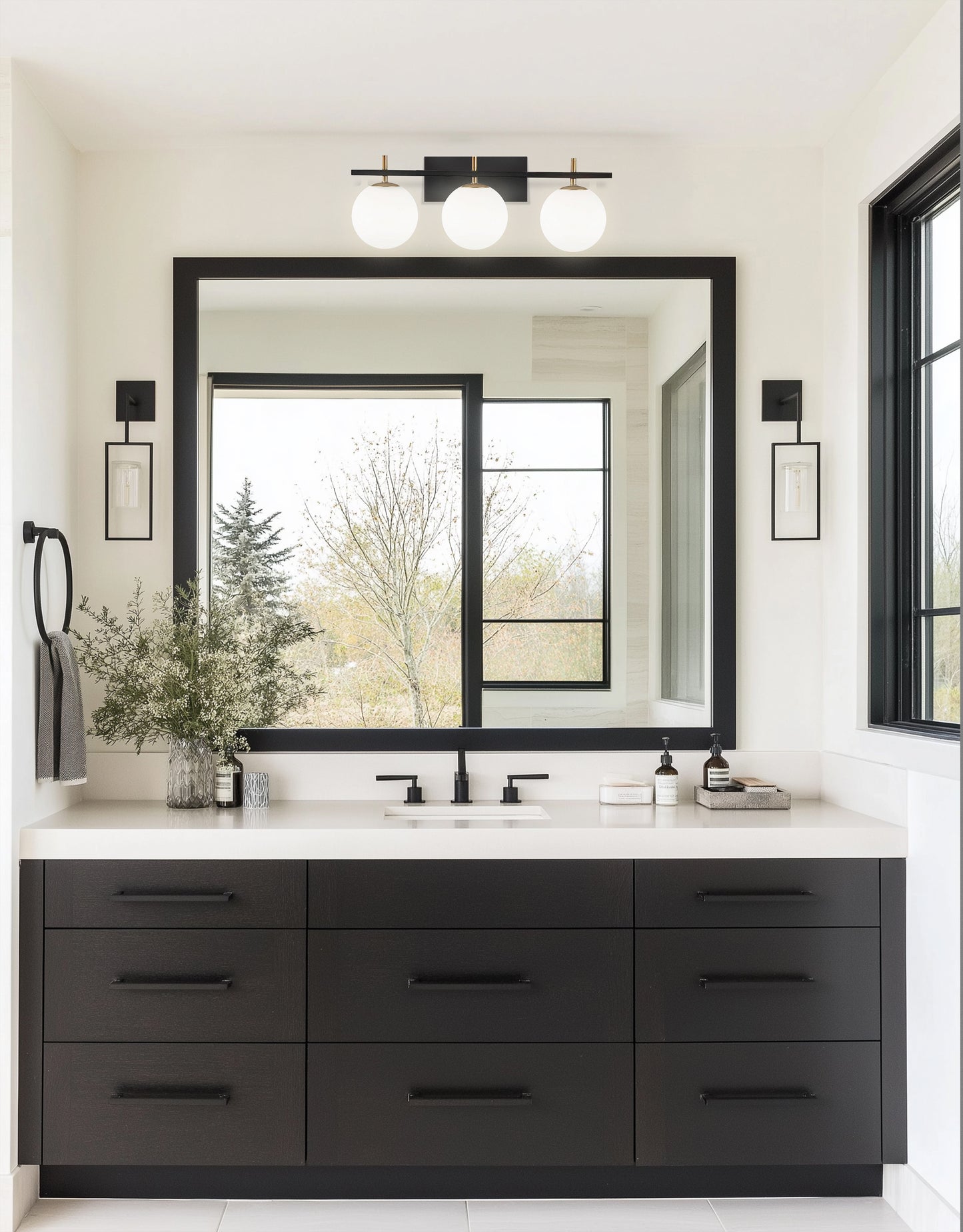 Dainolite 3 Light Halogen Vanity, Matte Black and Aged Brass