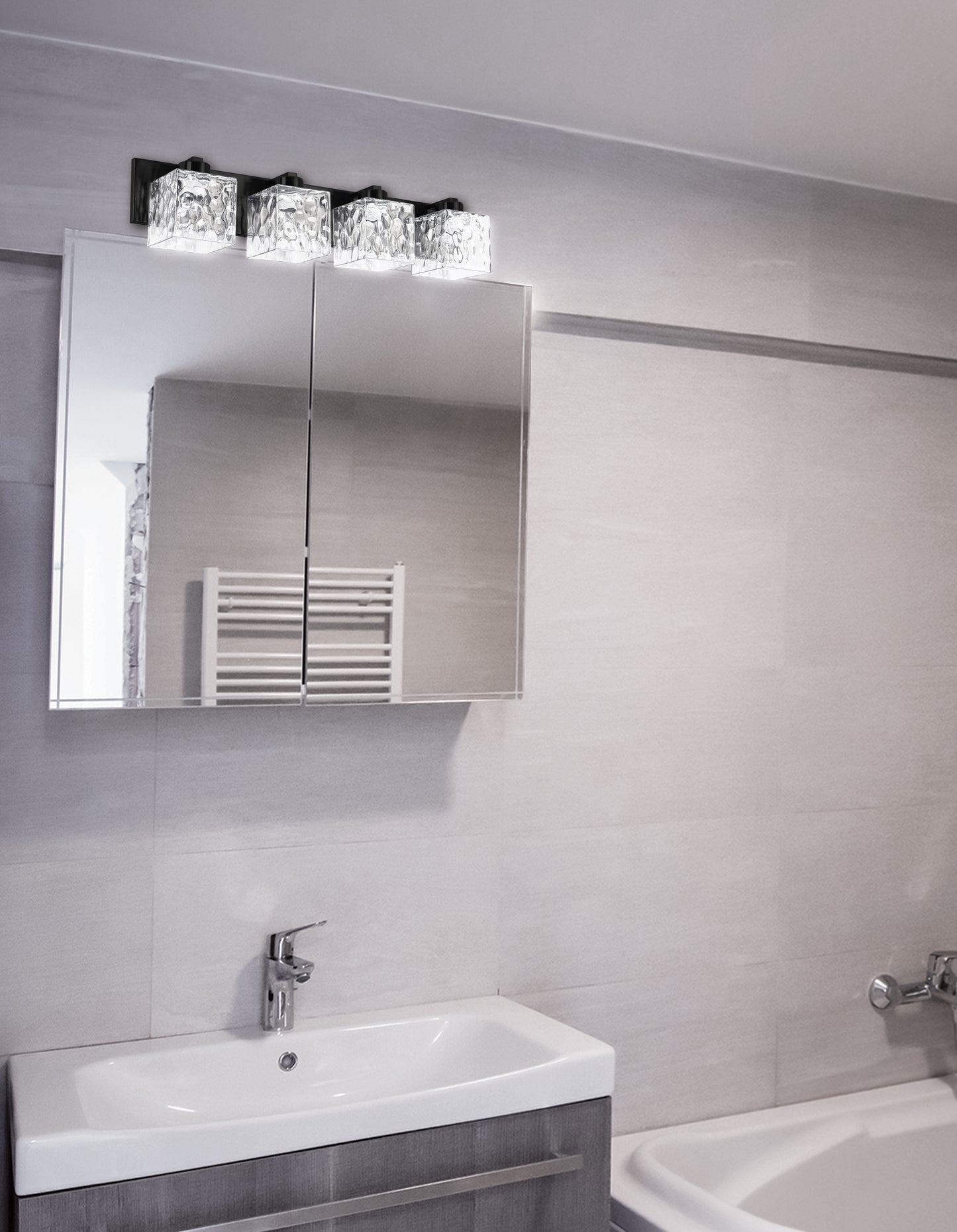 Dainolite 4 Light Vanity in Matte Black w/ Clear Water Glass