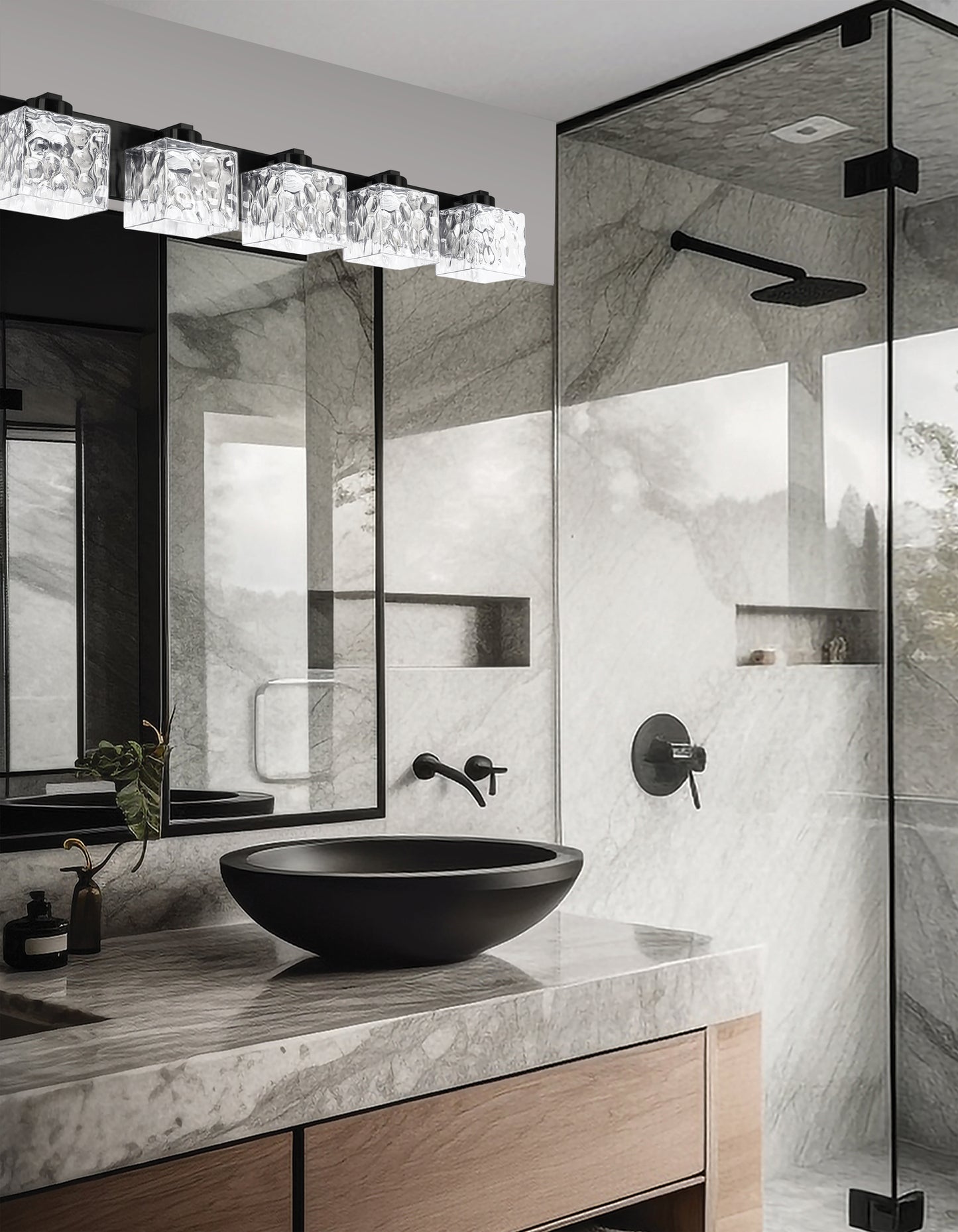 Dainolite 5 Light Vanity in Matte Black w/ Clear Water Glass