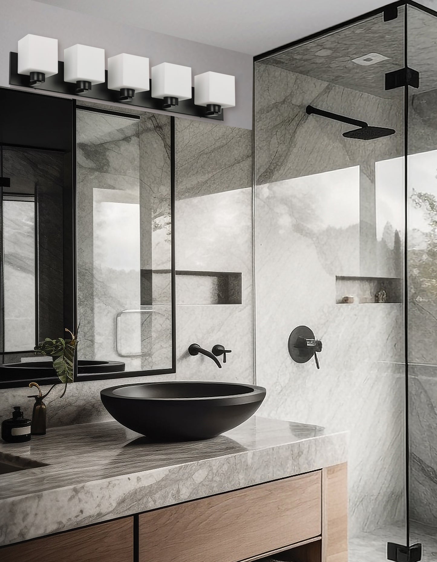 Dainolite 5 Light Vanity Matte Black with White Opal Glass