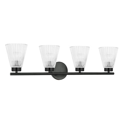 Dainolite 4 Light Incandescent Vanity Matte Black with Clear Ribbed Glass