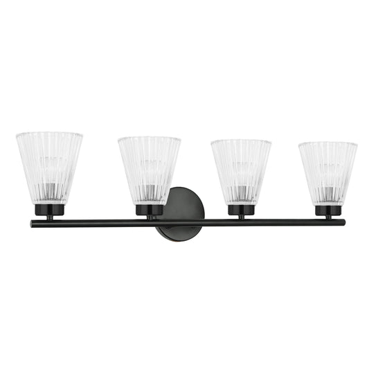 Dainolite 4 Light Incandescent Vanity Matte Black with Clear Ribbed Glass
