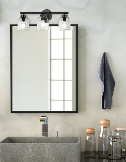 Dainolite 3 Light Matte Black Vanity w/ Clear Water Glass