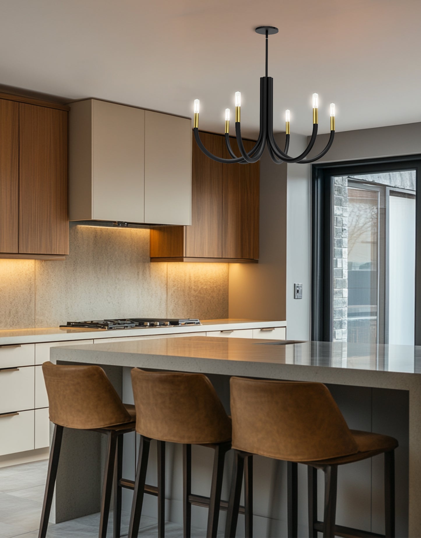 Dainolite 6 Light Incandescent Chandelier, Matte Black and Aged Brass