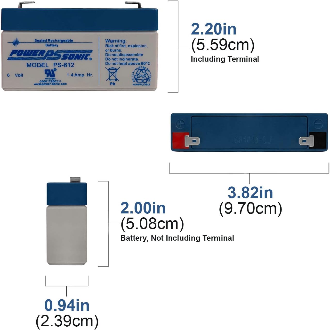 Power Sonic PS-612 6 Volt 1.4Ah Rechargeable Sealed Lead Acid Battery