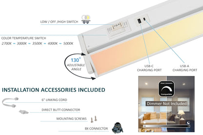 UC32-5K-HL-USB ---------- 32" Swivel Series Fixture, 5-Color Selector Switch 2700/3000/3500/4000/5000, Plug-N-Play or Hardwired, USB-A & C Ports, High/Low/Off Selector