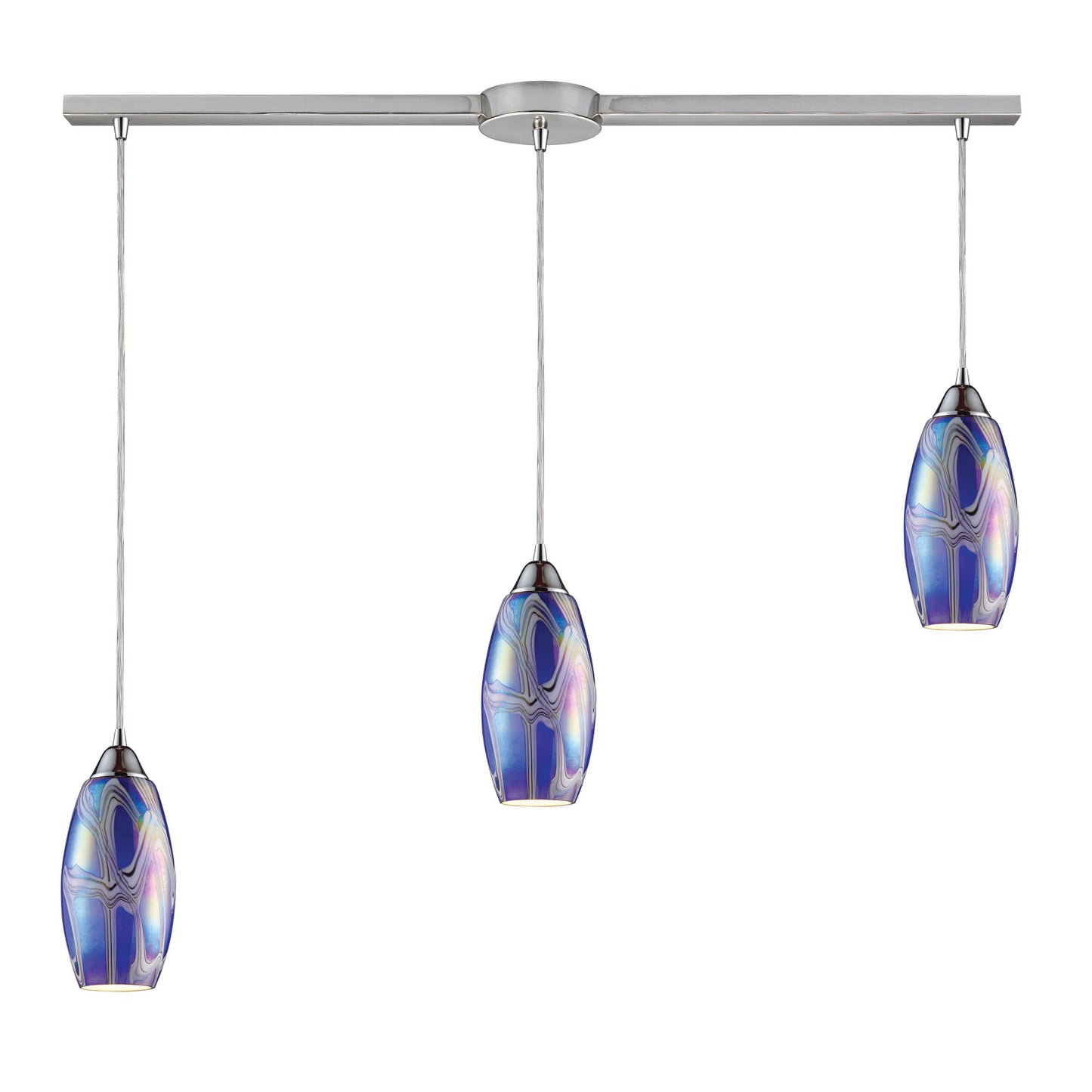 Iridescence 3-Light Linear Pendant Fixture in Satin Nickel with Storm Blue Glass
