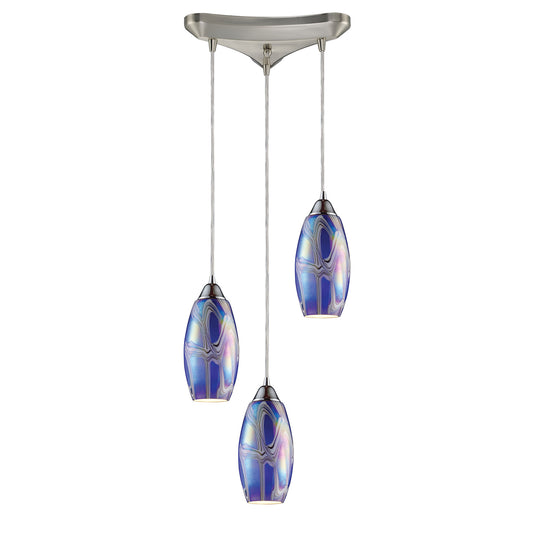 Iridescence 3-Light Triangular Pendant Fixture in Satin Nickel with Storm Blue Glass