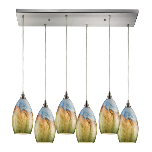 Geologic 6-Light Rectangular Pendant Fixture in Satin Nickel with Multi-colored Glass