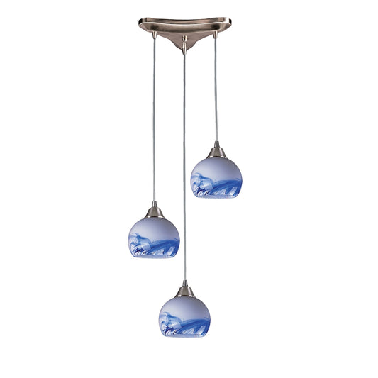 Mela 3-Light Triangular Pendant Fixture in Satin Nickel with Hand-blown Mountain Glass