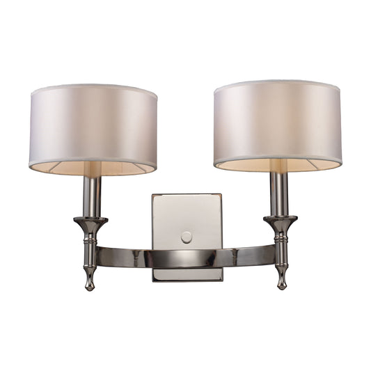 Pembroke 2-Light Wall Lamp in Polished Nickel with White Fabric Shades