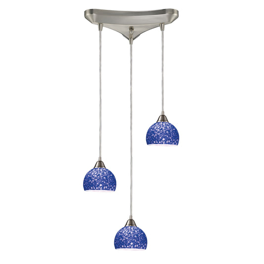 Cira 3-Light Triangular Pendant Fixture in Satin Nickel with Pebbled Blue Glass