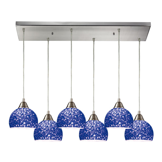 Cira 6-Light Rectangular Pendant Fixture in Satin Nickel with Pebbled Blue Glass