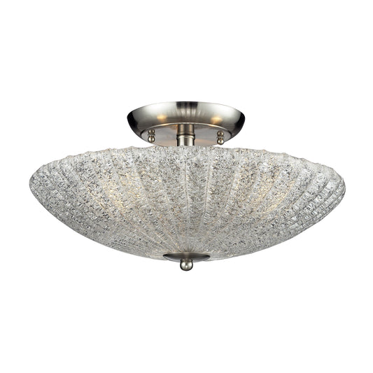 Luminese 3-Light Semi Flush in Satin Nickel with Textured Clear Glass